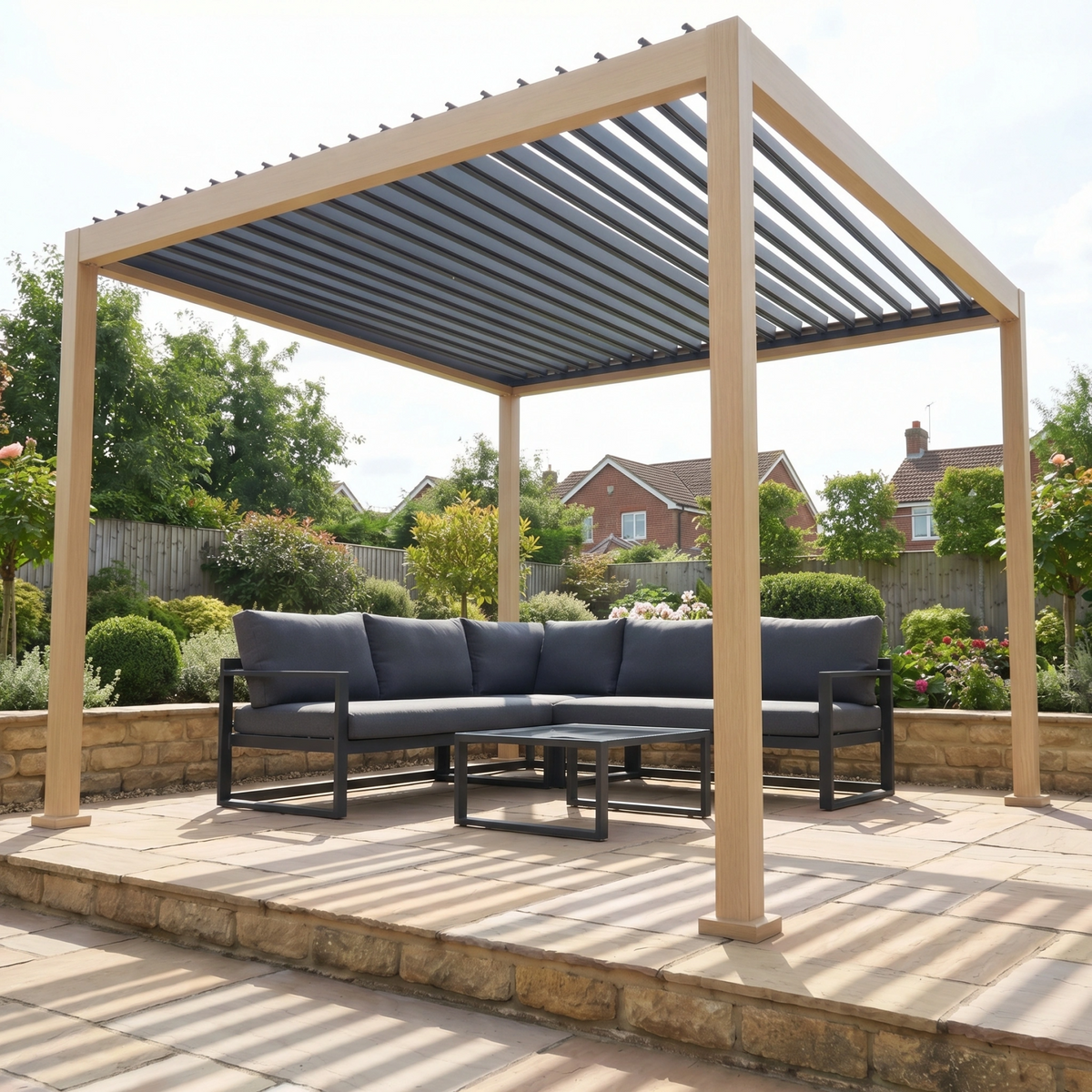 PergoSTET Lite 2.4m x 3m Metal Rectangular Pergola with Wood Effect image 0