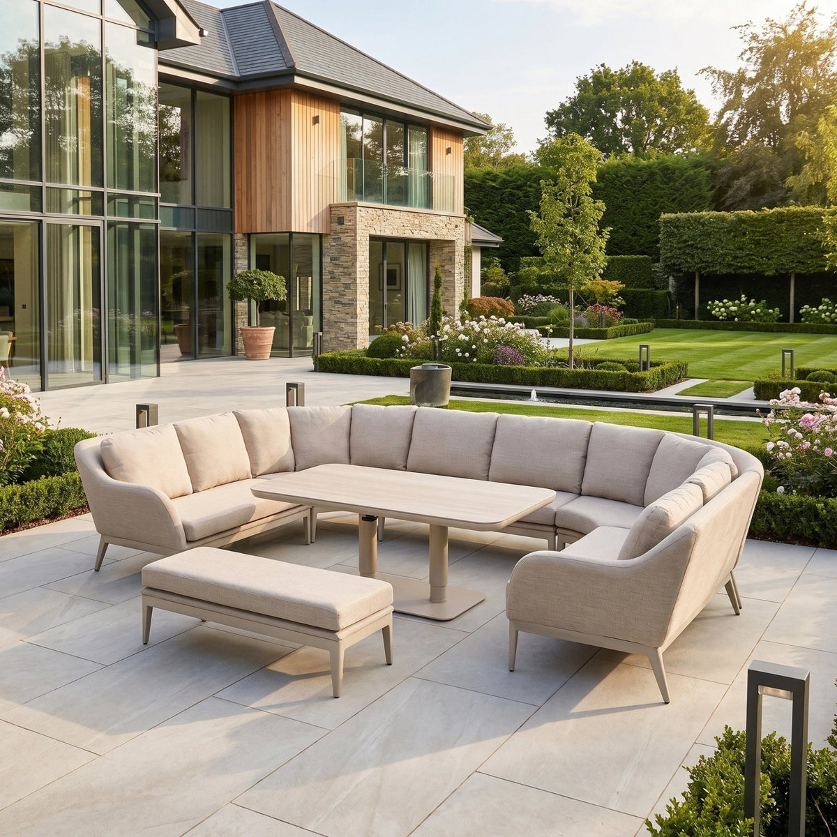 Luna U-Shape Outdoor Fabric Corner Dining Set with Altura Rising Table in Fawn image 0