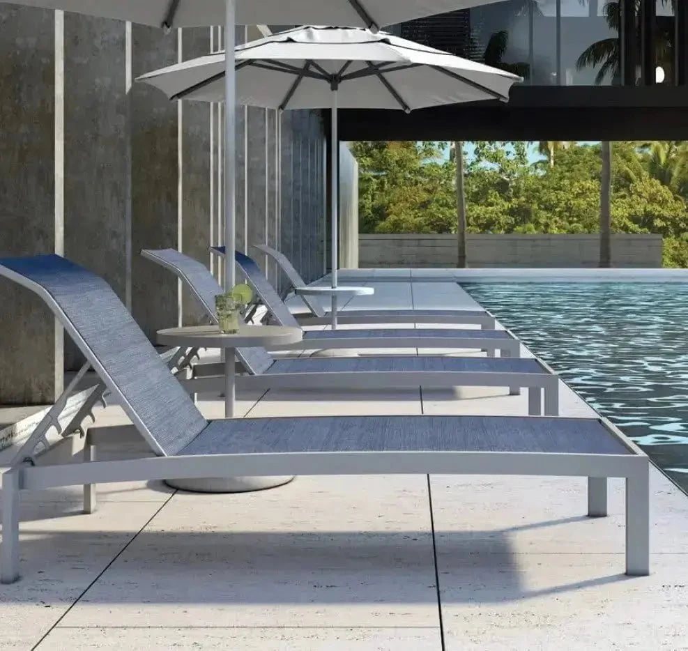 Castelle Orion Adjustable Sling Chaise Lounge with Platinum Tex Finish and Augustine Denim Sling image 0
