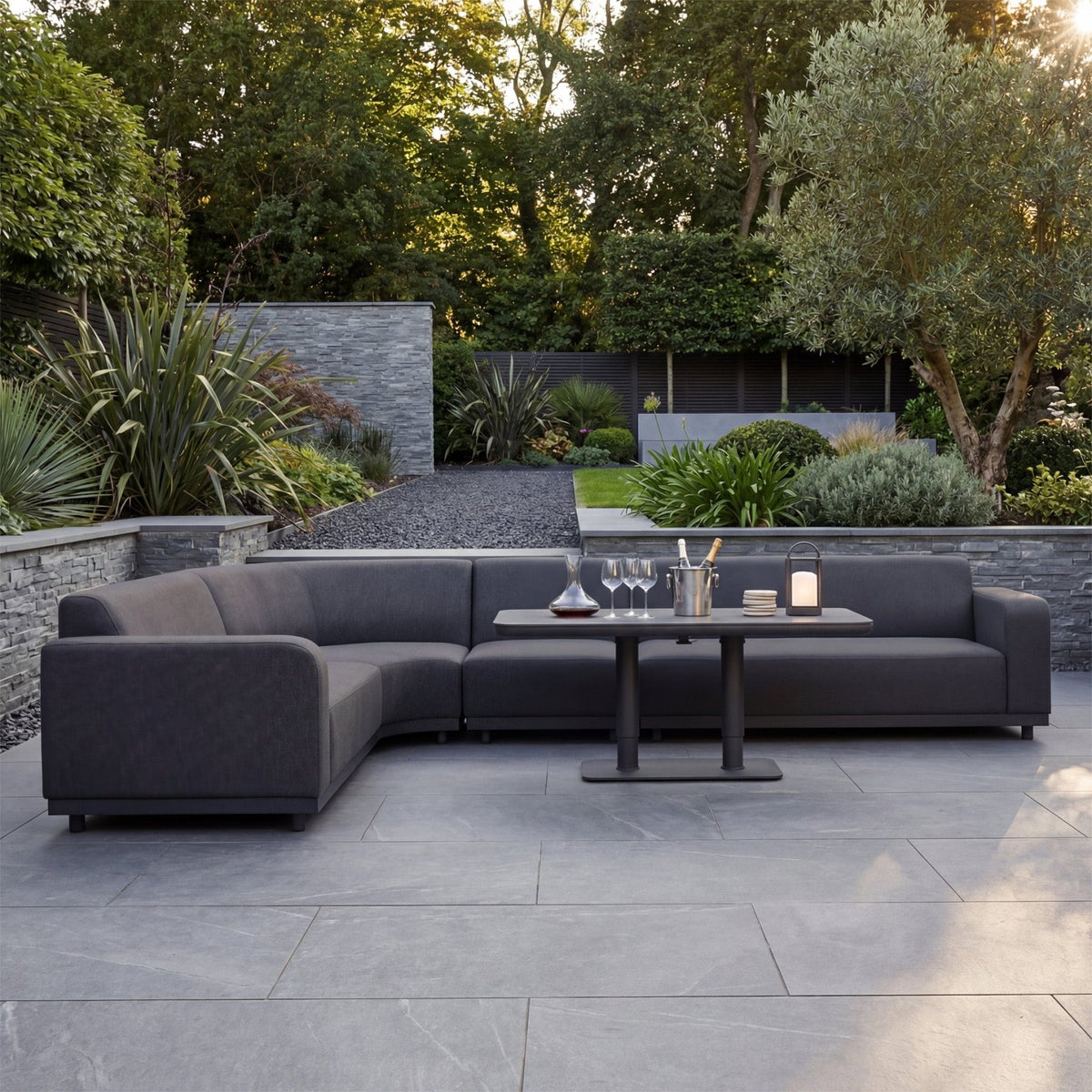 Luna Outdoor Fabric Large Curved Corner Sofa Set with Altura Rising Table in Grey image 0