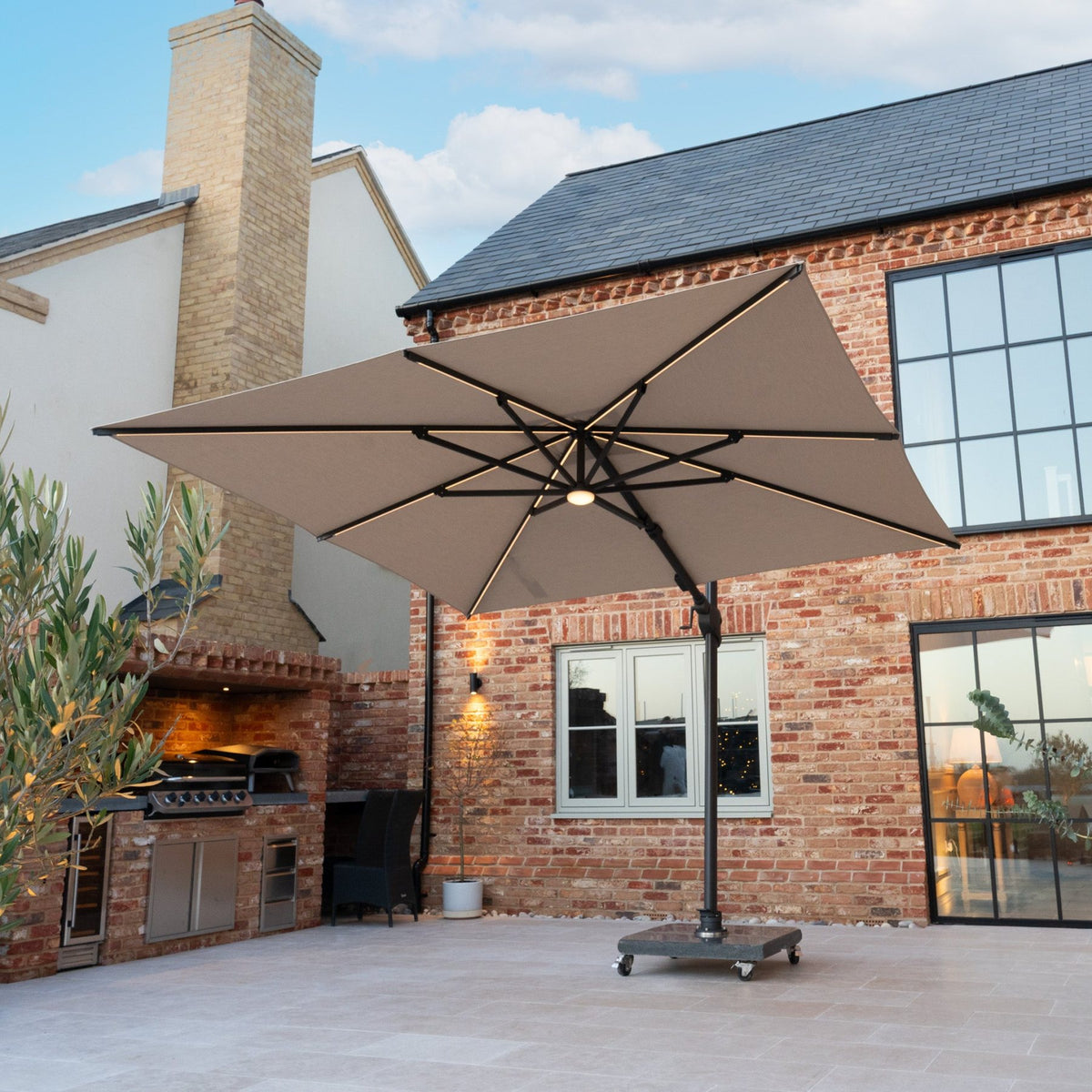 Volos 3m x 3m Square Cantilever Parasol with LED Lighting and 120kg Granite Base in Wheat image 0