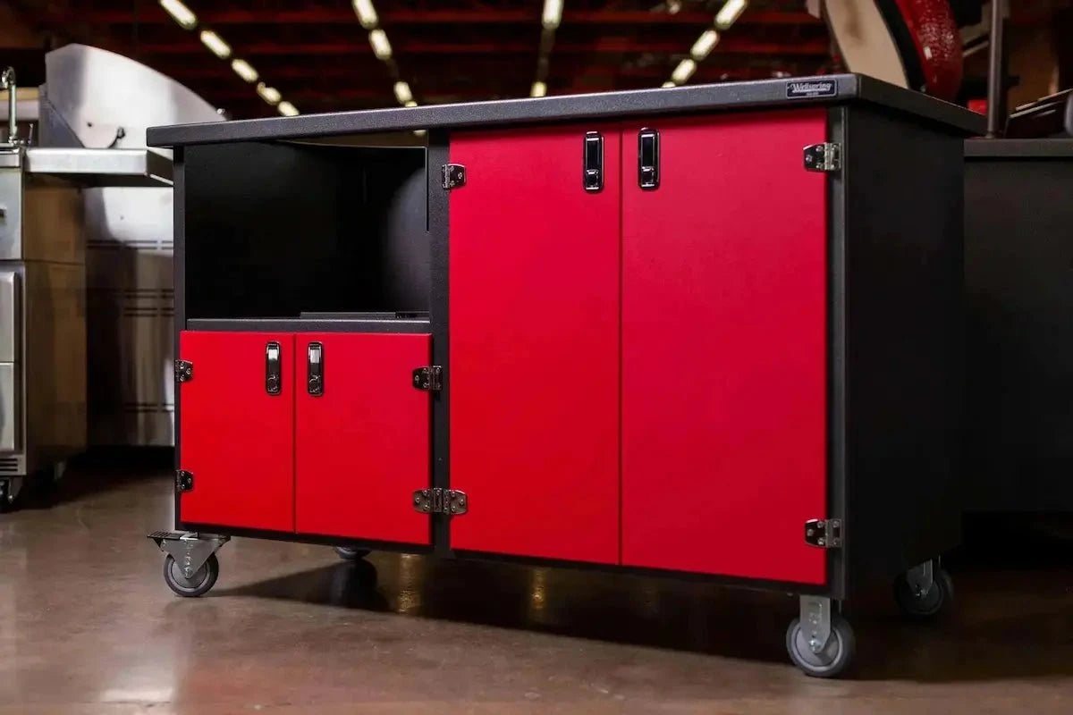 Wellspring Alpha Series Grill Cabinet for Kamado Joe Classic Joe, Silver Vein Frame, Red Doors and Stainless Steel Hardware image 0