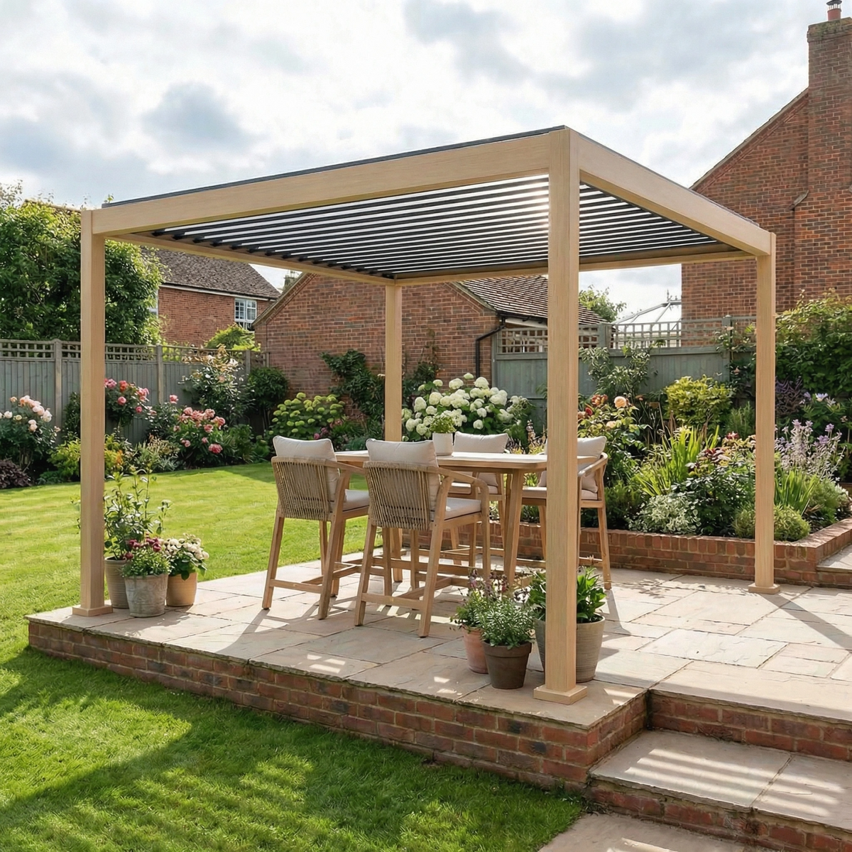 PergoSTET Lite 3m x 3m Metal Square Pergola with Wood Effect image 0