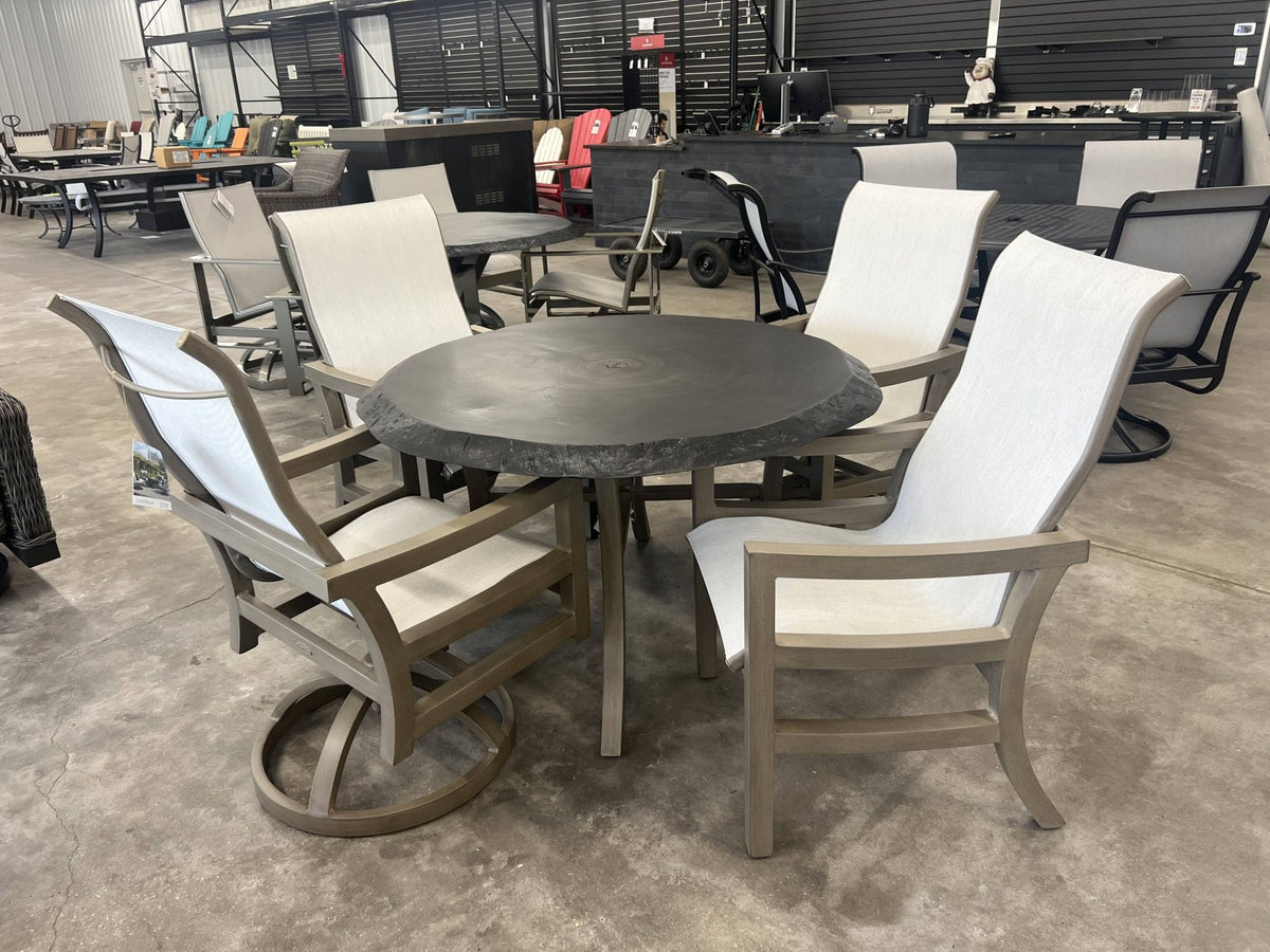 Local Special: Castelle 49" Round Dining Table Live Edge in Weathered Wood Finish with Roma Sling Chairs image 0