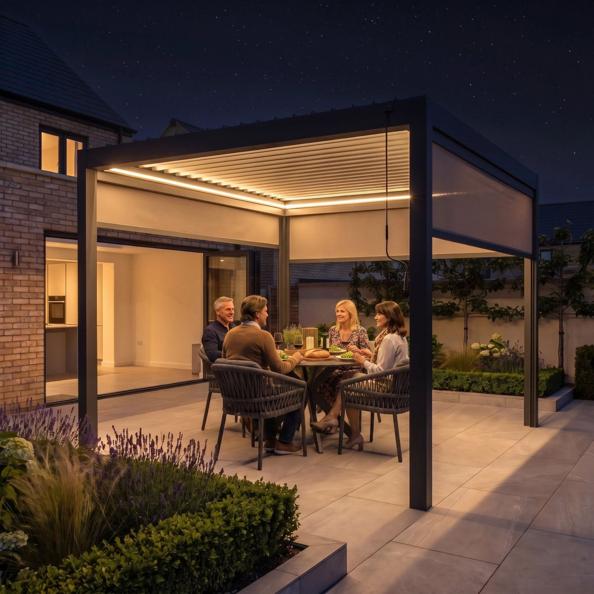 PergoSTET Pro 3m x 3m Square Pergola with 3 Manual Side Blinds and LED Lighting in Grey image 0