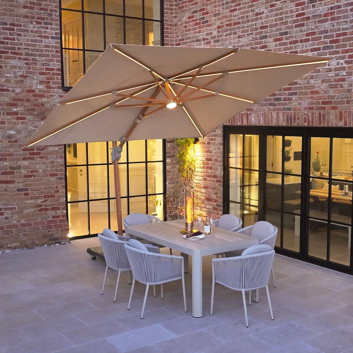 Volos 3m x 3m Square Cantilever Parasol with LED Lighting and 120kg Granite Base in Wheat and Wood Effect image 0