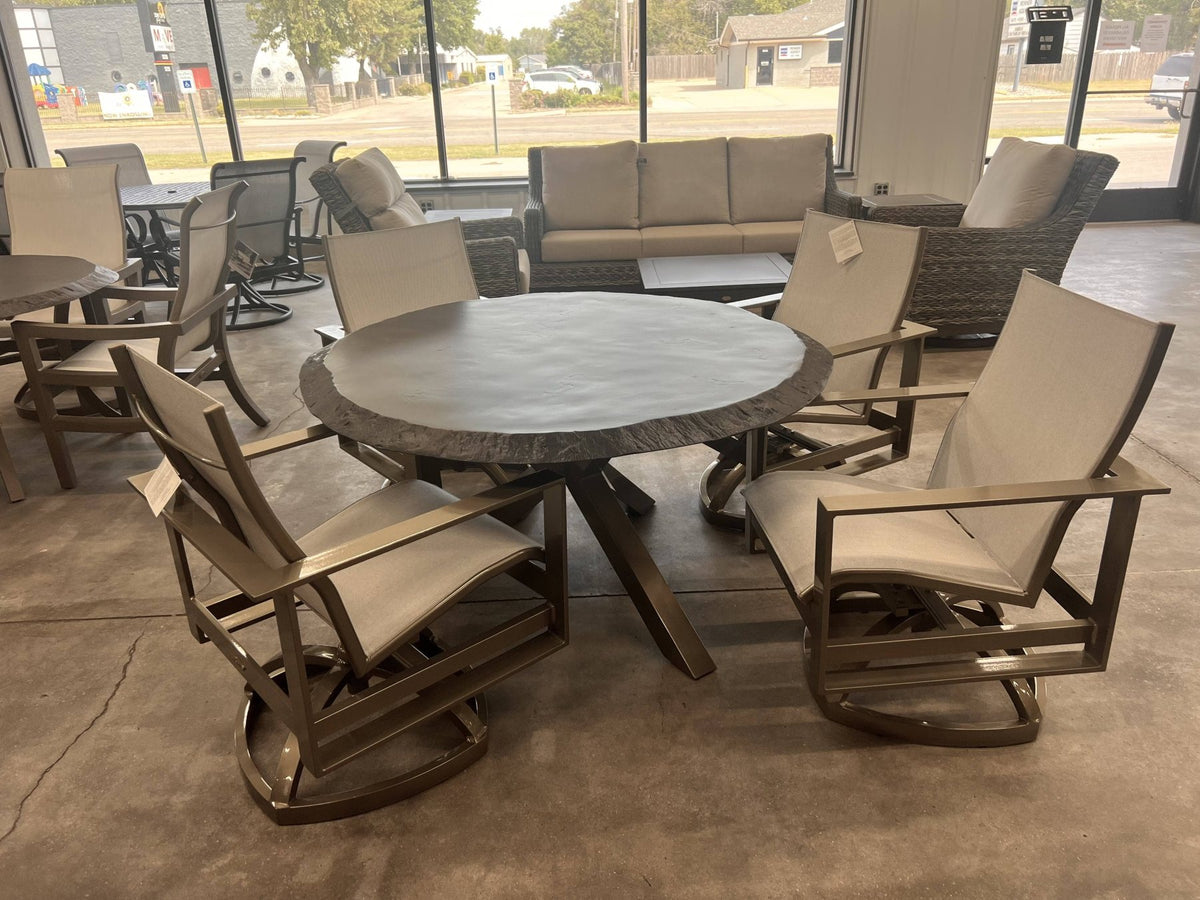 Local Special: Castelle Park Place Dining Chairs with Jasmine Finish and 54" Altra Round Dining Table with Live Edge Top and Jasmine Finish image 0